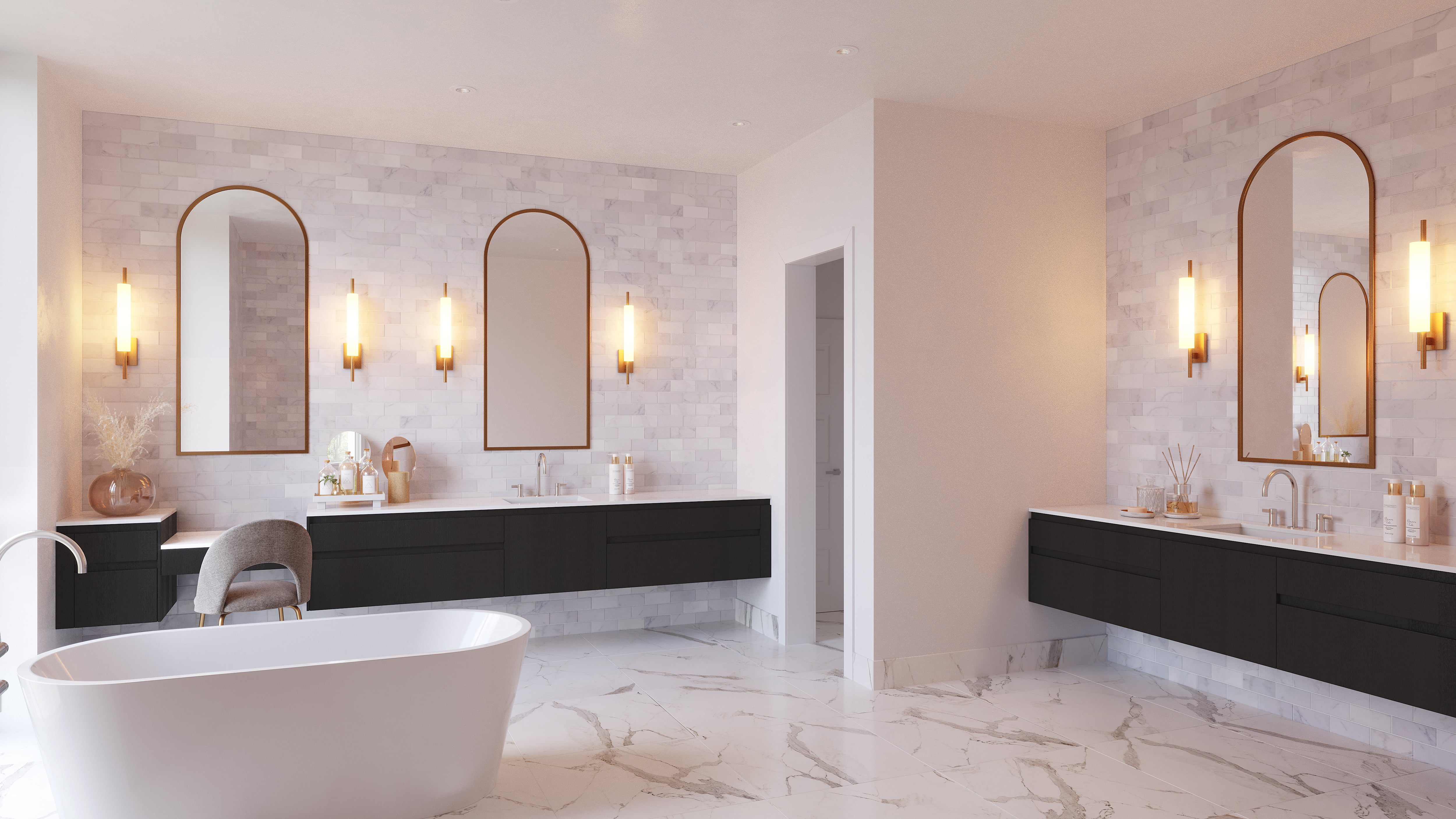 Primary bathroom with dark finishes