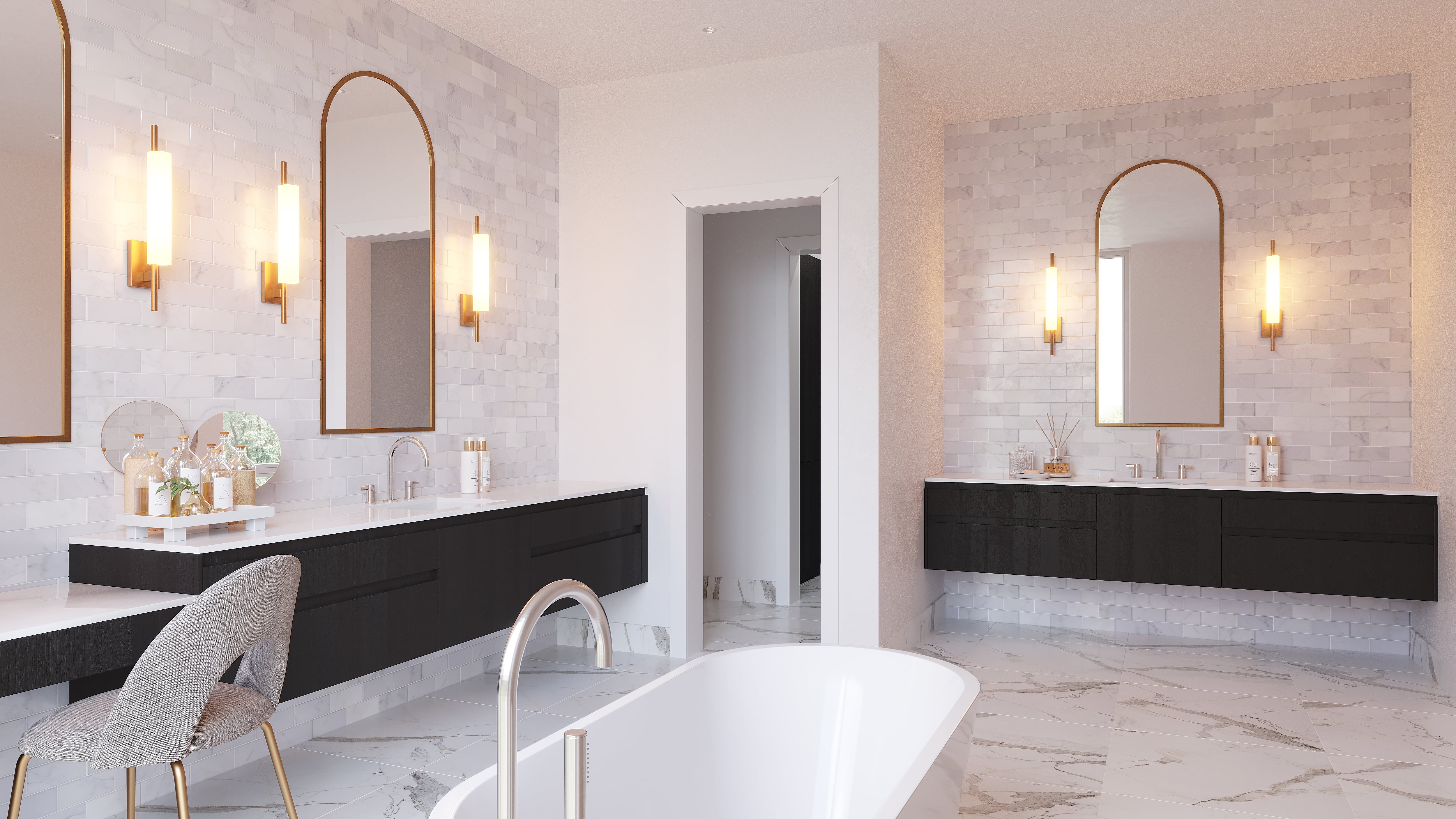 Primary bathroom with dark finishes
