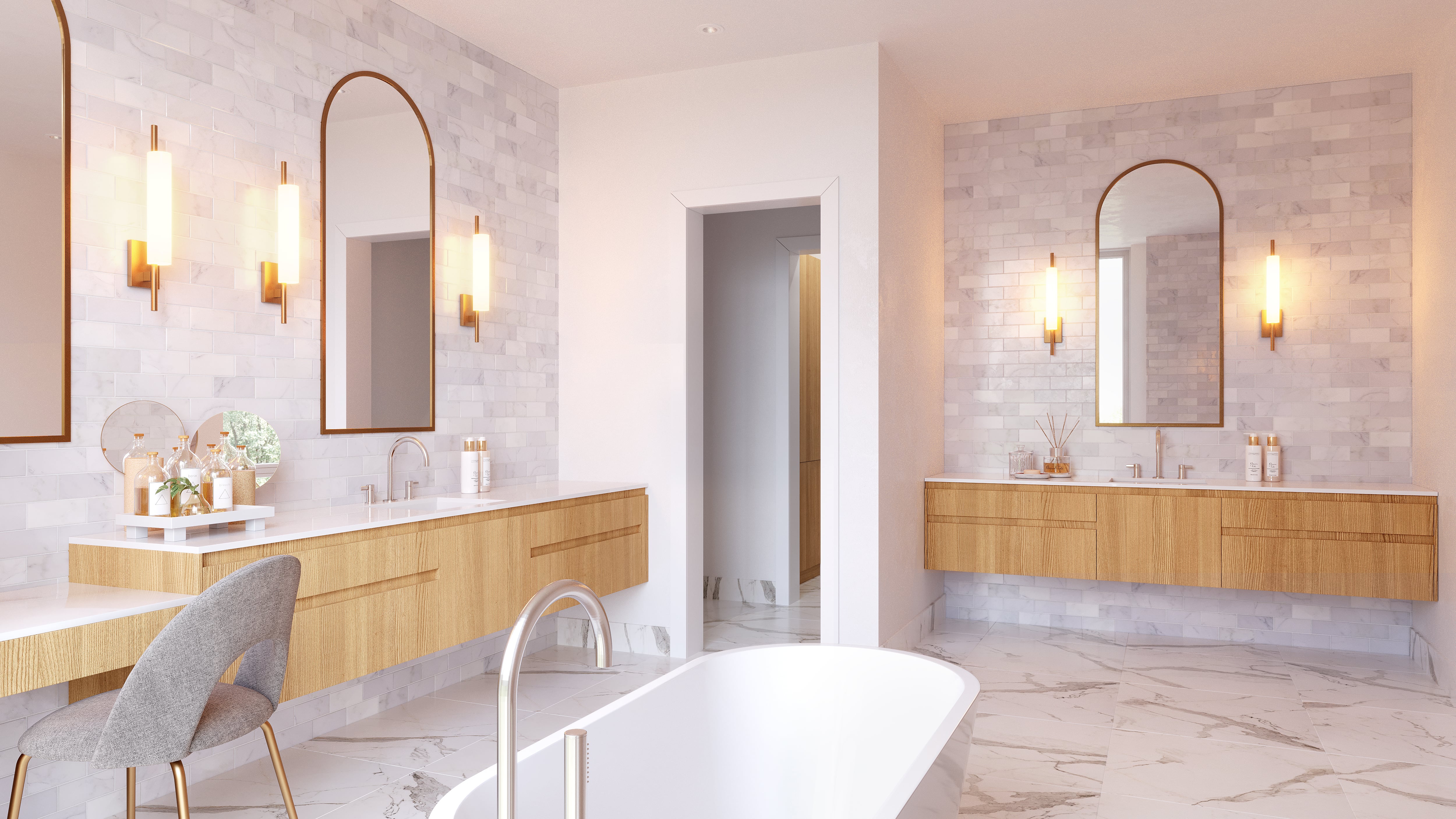 Primary bathroom with light finishes
