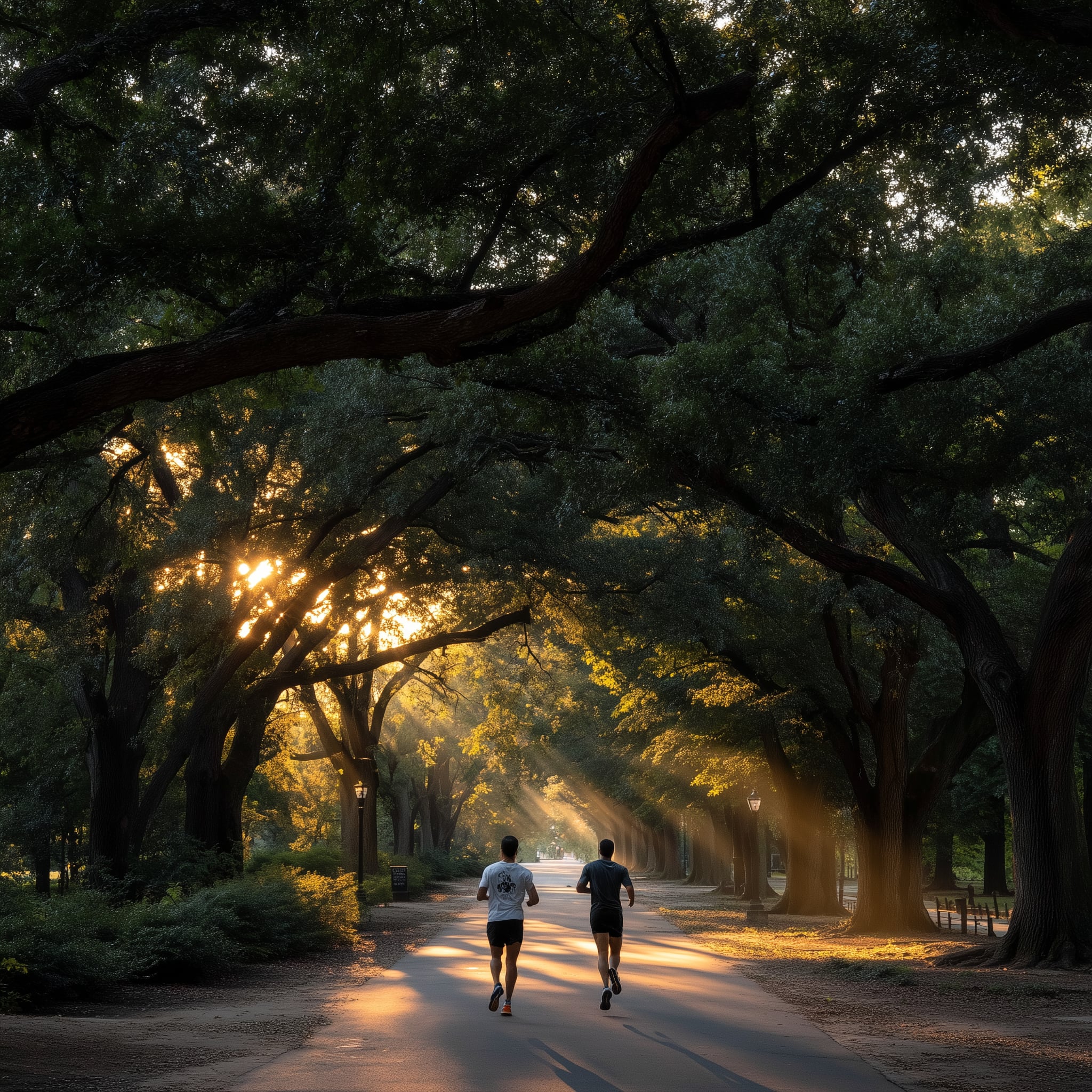 Sunrise through oak trees at Memorial Park